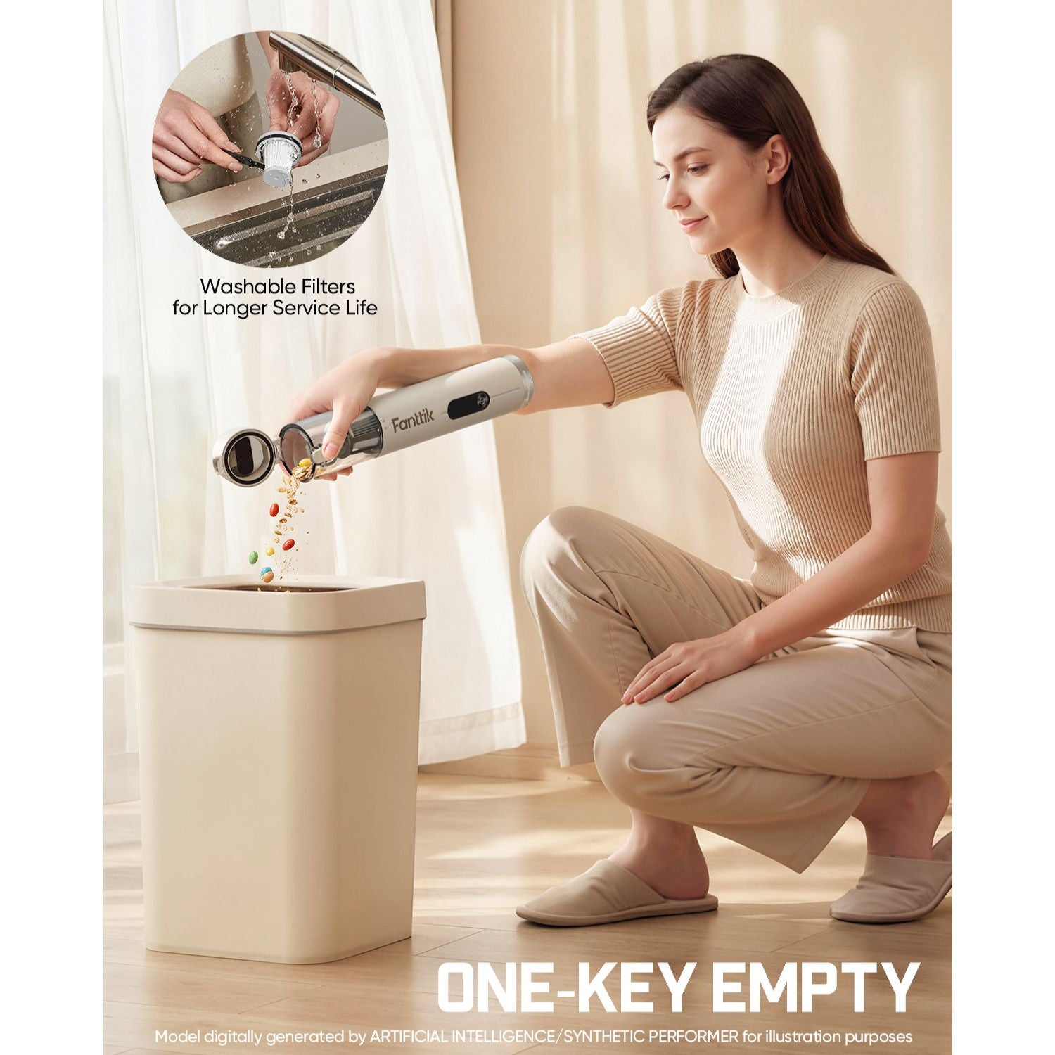 Woman using a car vacuum to empty a trash can with text about washable filters and one-key empty feature.