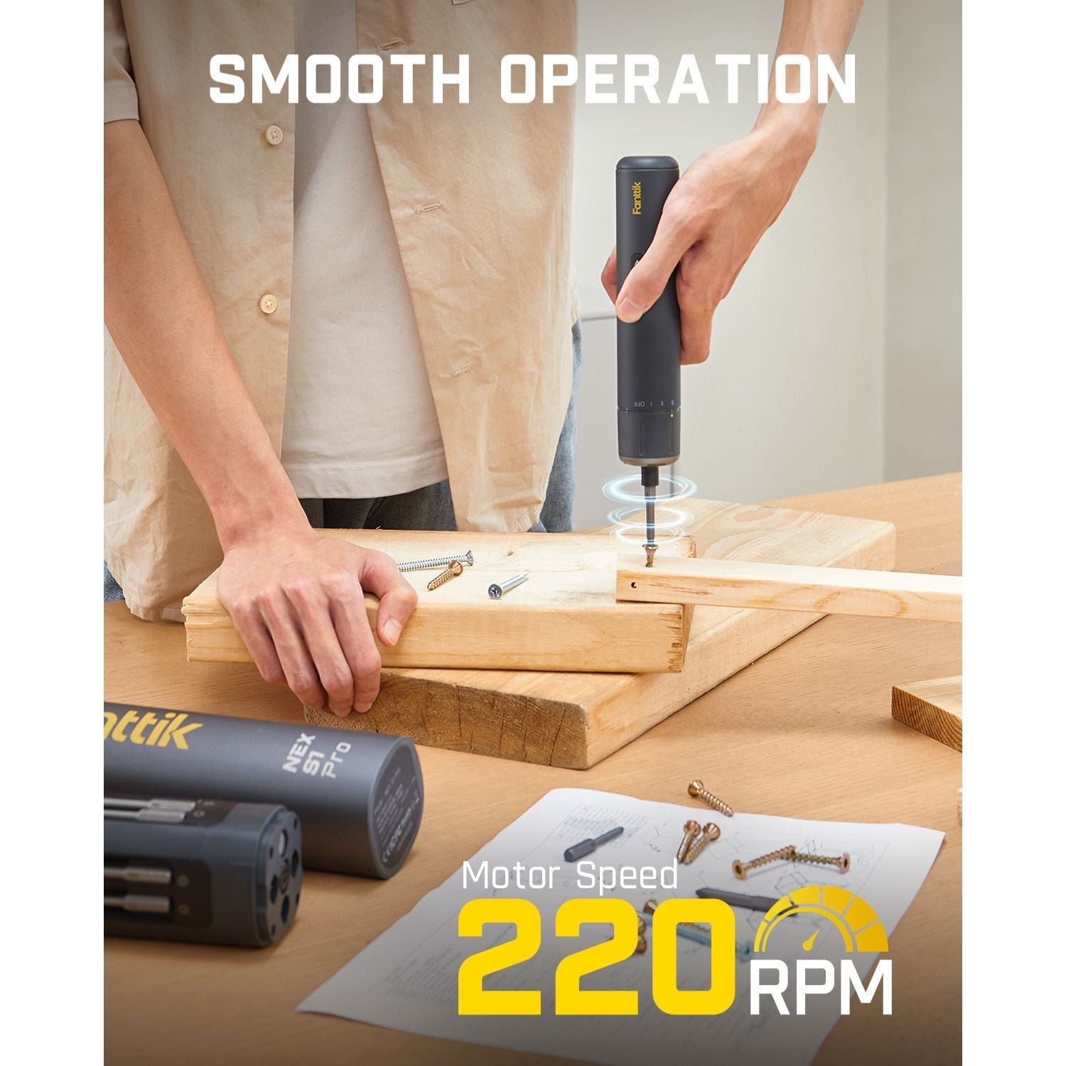 Fanttik S1 Pro cordless electric screwdriver demonstrating smooth operation and 220 RPM motor speed on wood.