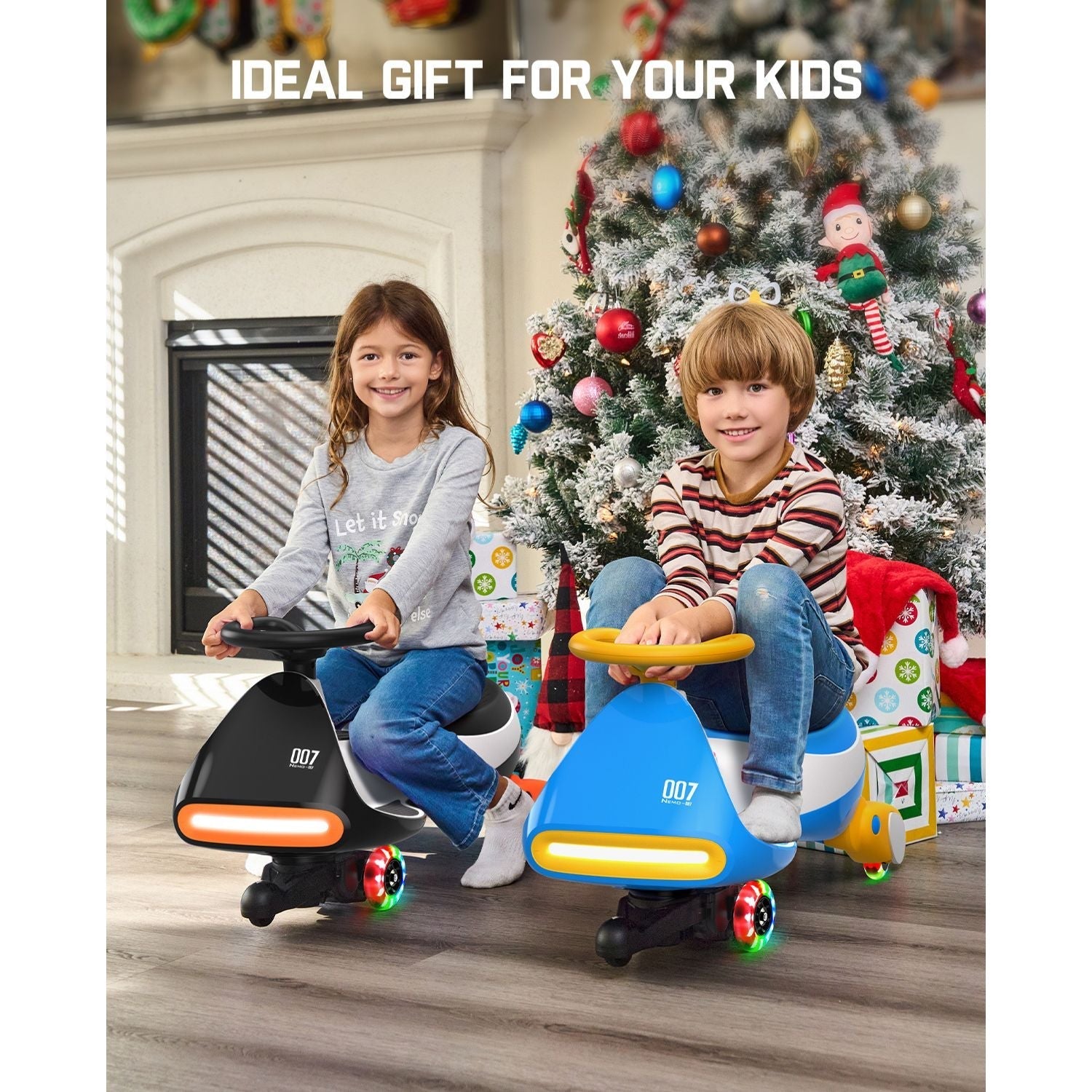 Two children riding FanttikRide N7 Pro electric wiggle cars, presented as an ideal Christmas gift.