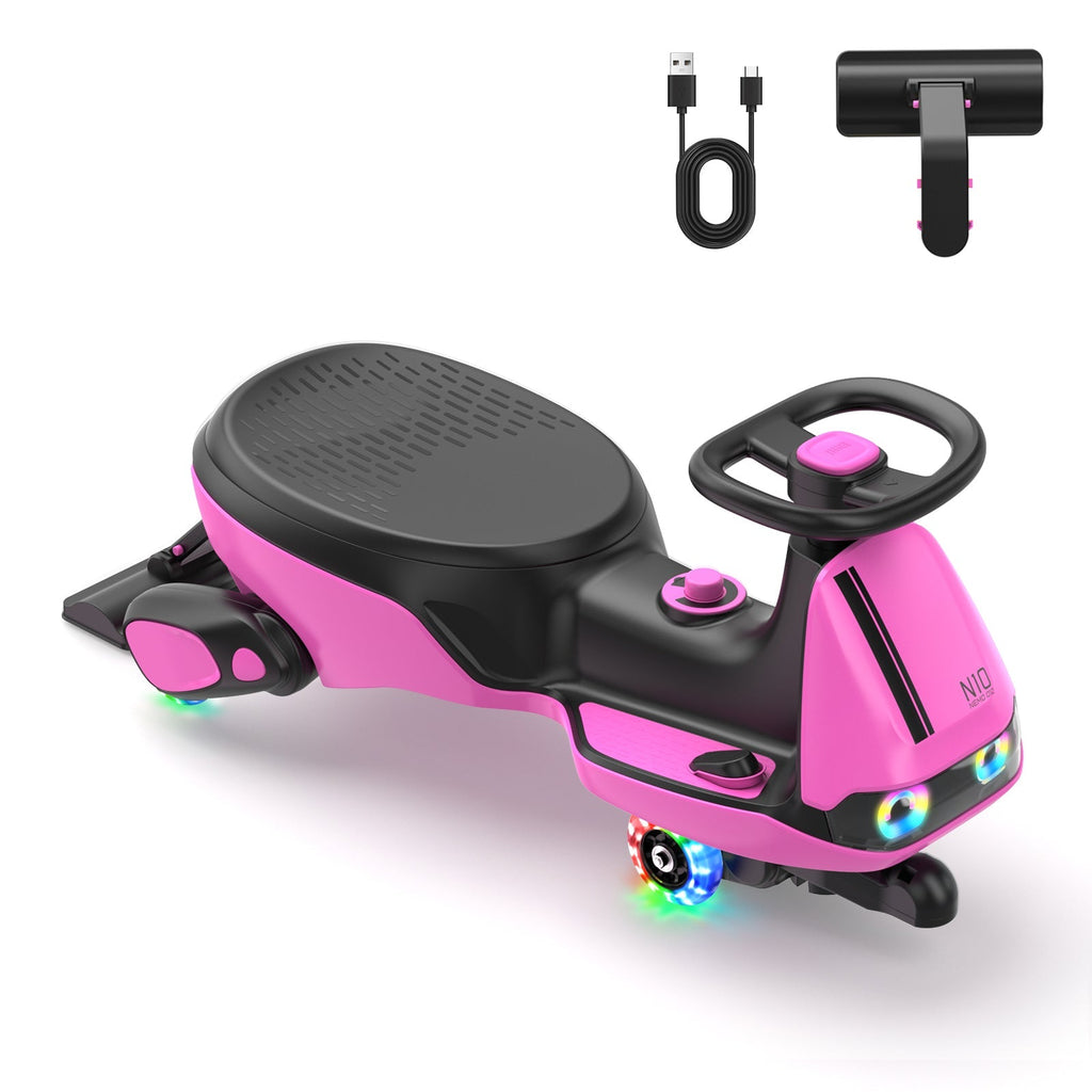 Pink FanttikRide N10 Classic 6V electric wiggle car with LED wheels, steering wheel, and charging accessories.