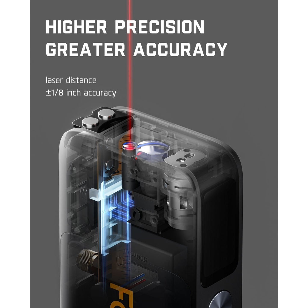 Fanttik A10 Pro laser distance meter with internal view, highlighting ±1/8 inch accuracy and high precision.