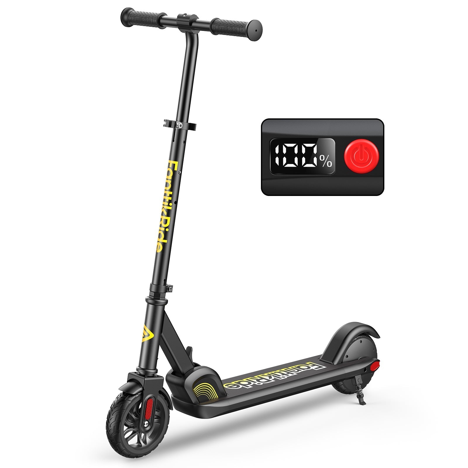 Black FanttikRide C9 electric scooter for kids with digital display showing 100% battery charge.