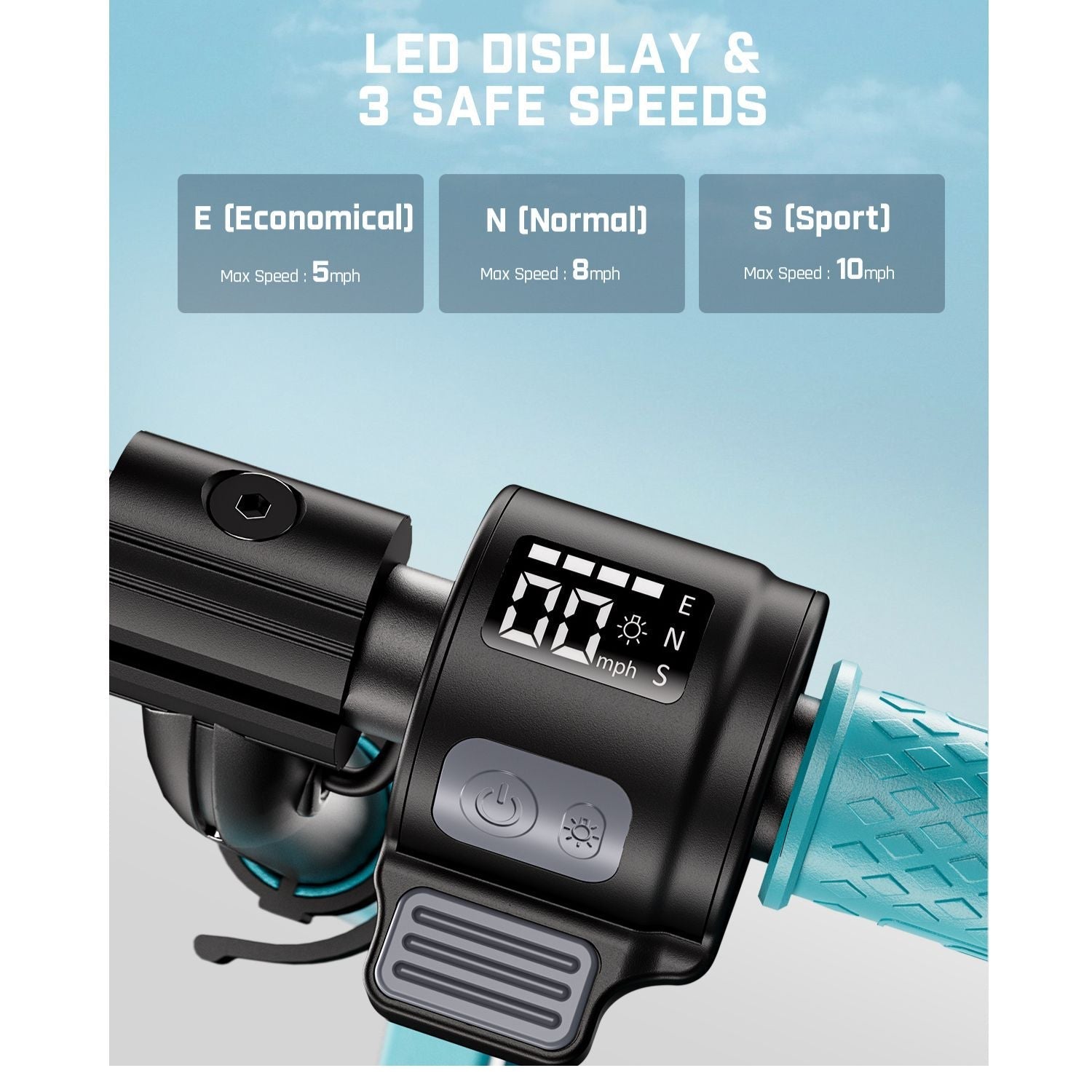 Kids electric scooter handlebars with LED display showing 3 speeds: Economical (5mph), Normal (8mph), and Sport (10mph).