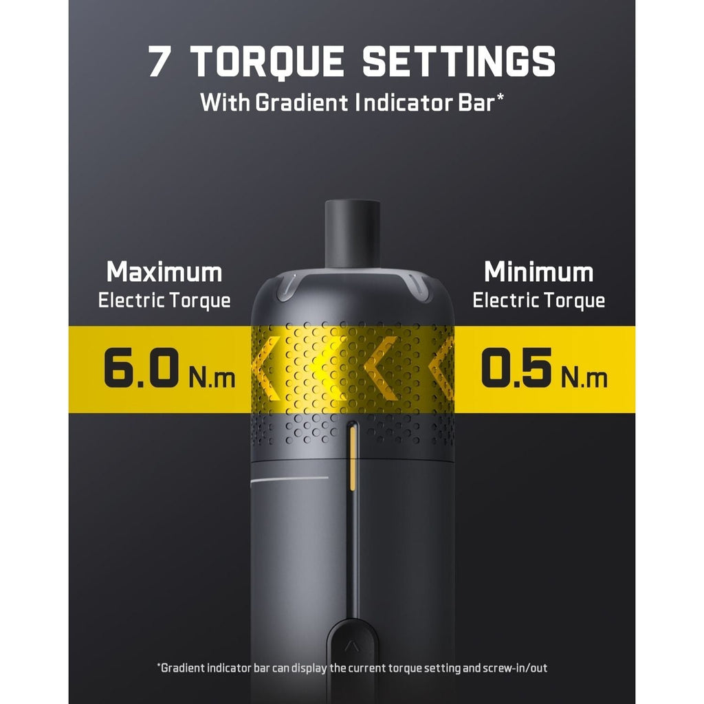 Fanttik S2 Pro Max cordless electric screwdriver showing 7 torque settings and 6.0 Nm max torque