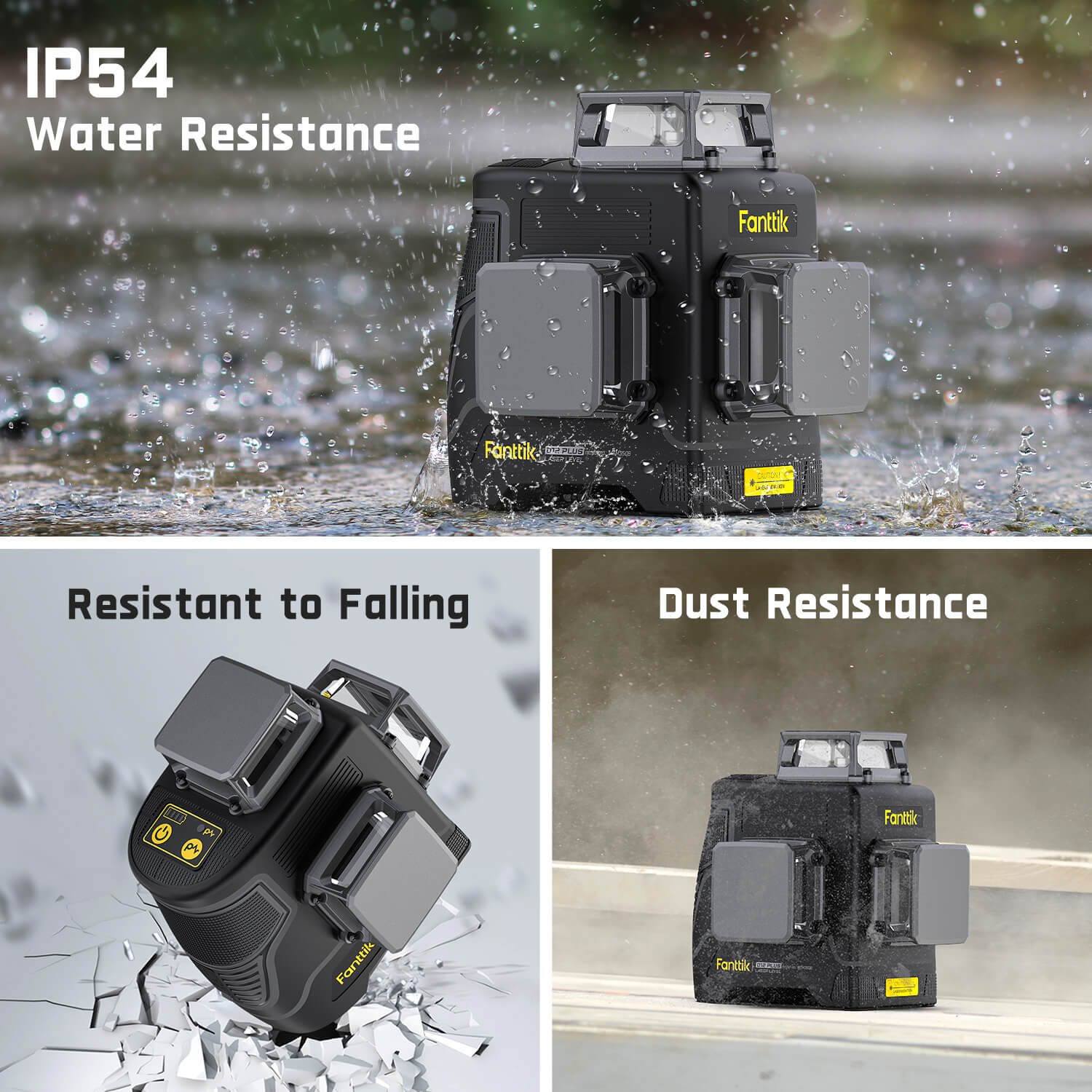 Fanttik D12 PLUS laser level with IP54 water resistance, dust resistance, and drop resistance features.