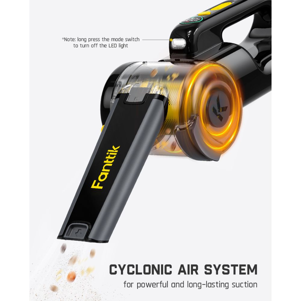 Fanttik V10 Apex car vacuum with cyclonic air system and LED light, black and yellow
