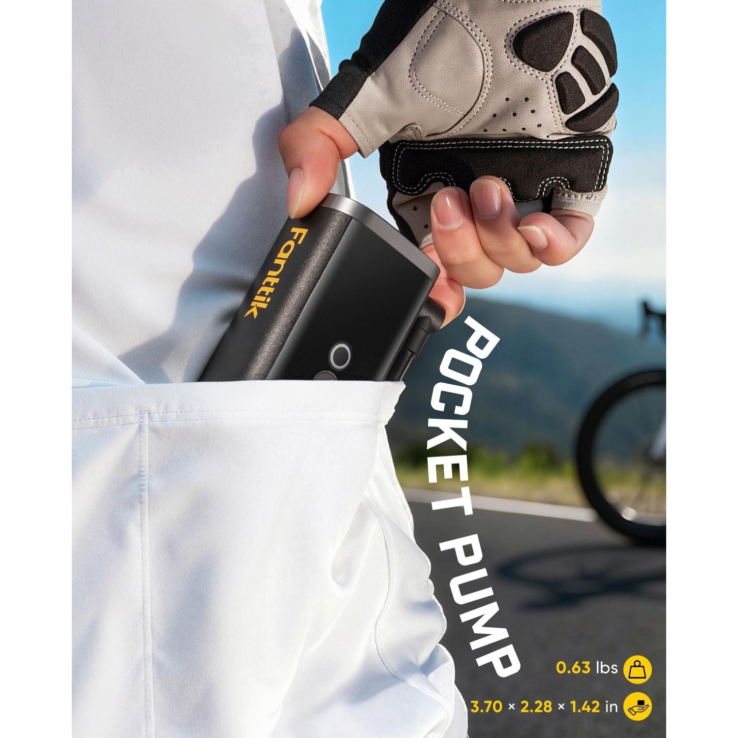 Fanttik X11 Ace pocket bike pump tucked in a jersey pocket, lightweight portable design