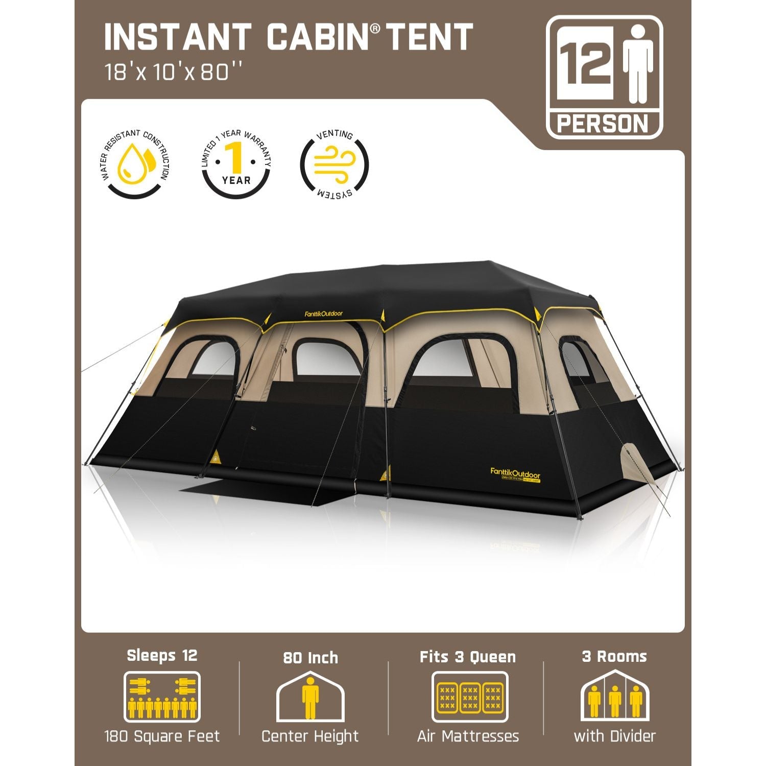 FanttikOutdoor Zeta C12 Pro Max 12-person instant cabin tent, 18'x10'x80', sleeps 12, 80" height, fits 3 queen mattresses, 3 rooms.
