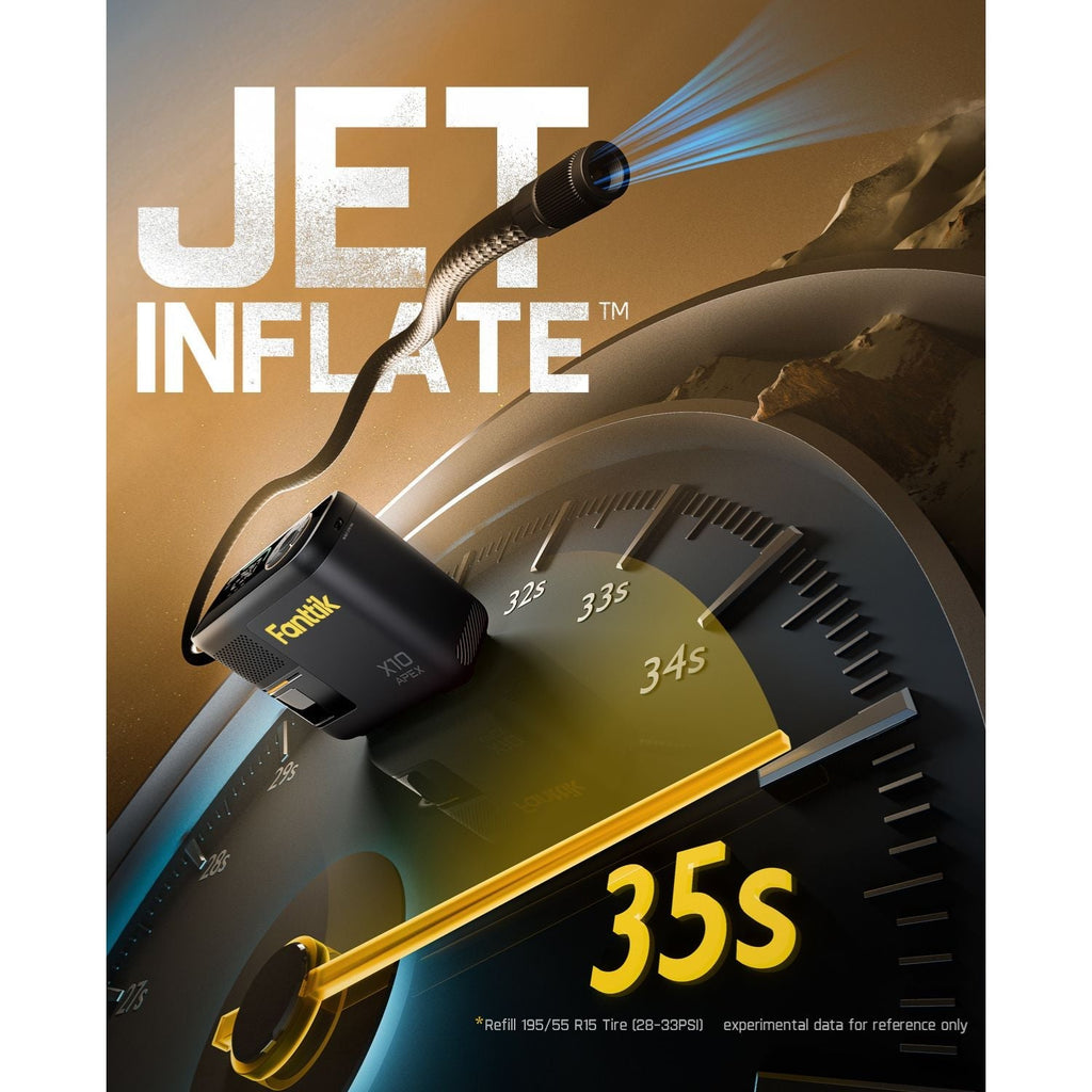 Fanttik X10 APEX tire inflator: JET INFLATE™ in 35s. Speedometer graphic shows 35s refill time for 195/55 R15 tire.