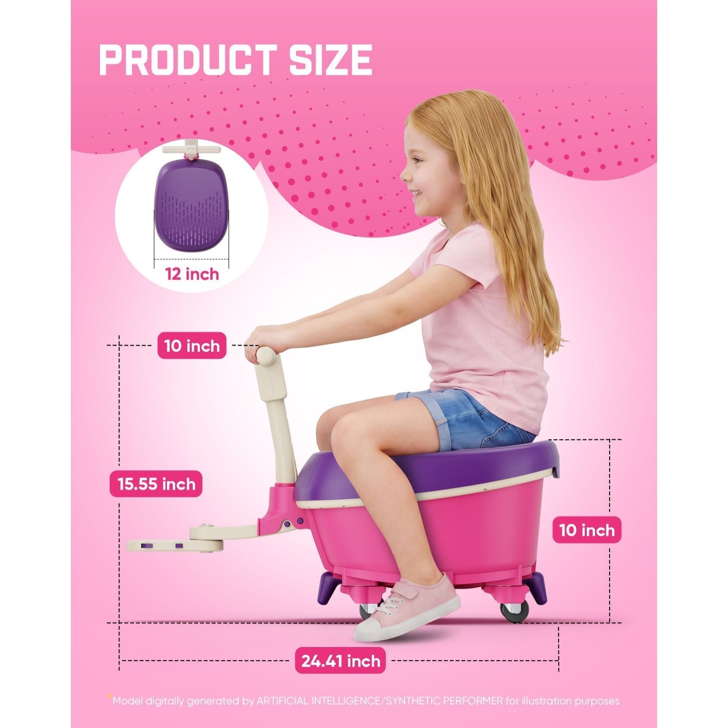Girls ride-on trailer size chart, pink and purple wagon with 12, 10, 15.55, and 24.41 inch measurements