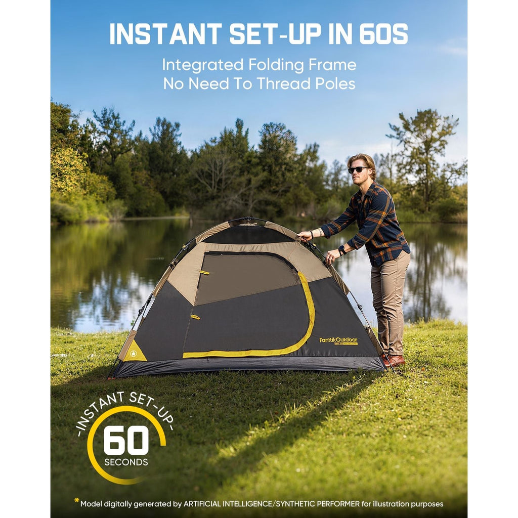 Person setting up a tent near a lake with text about instant set-up time.