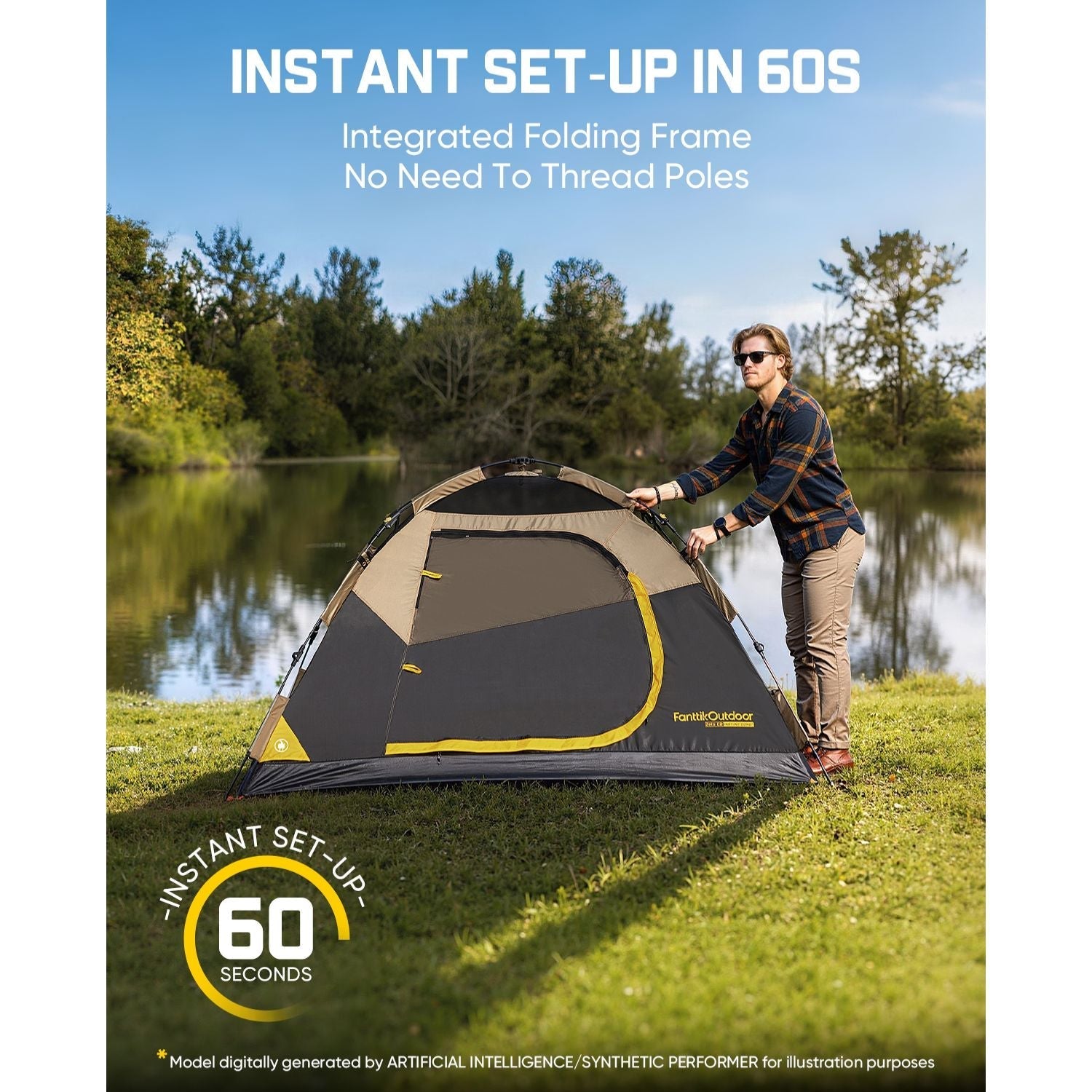 Person setting up a tent near a lake with text about instant set-up time.