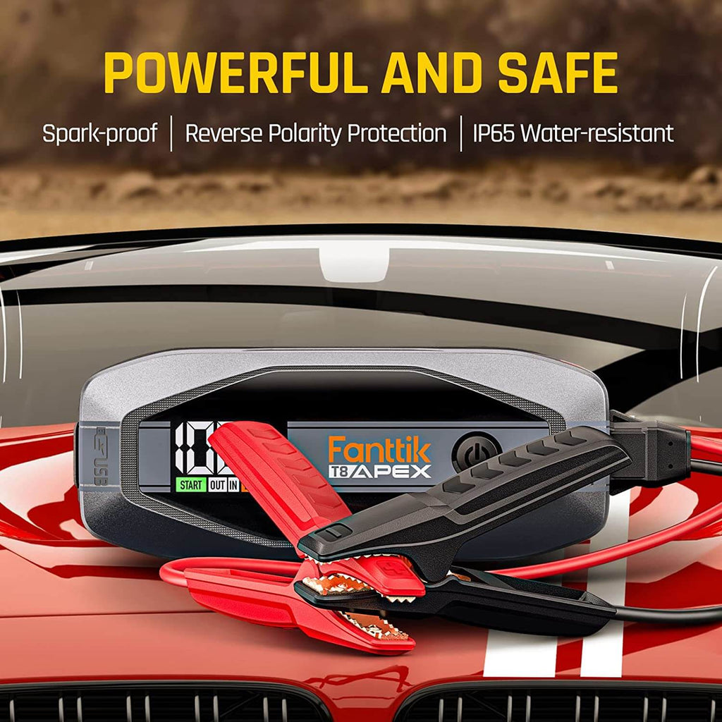 Fanttik T8 APEX 2000 Amp jump starter with spark-proof and IP65 water-resistant features on a car hood.
