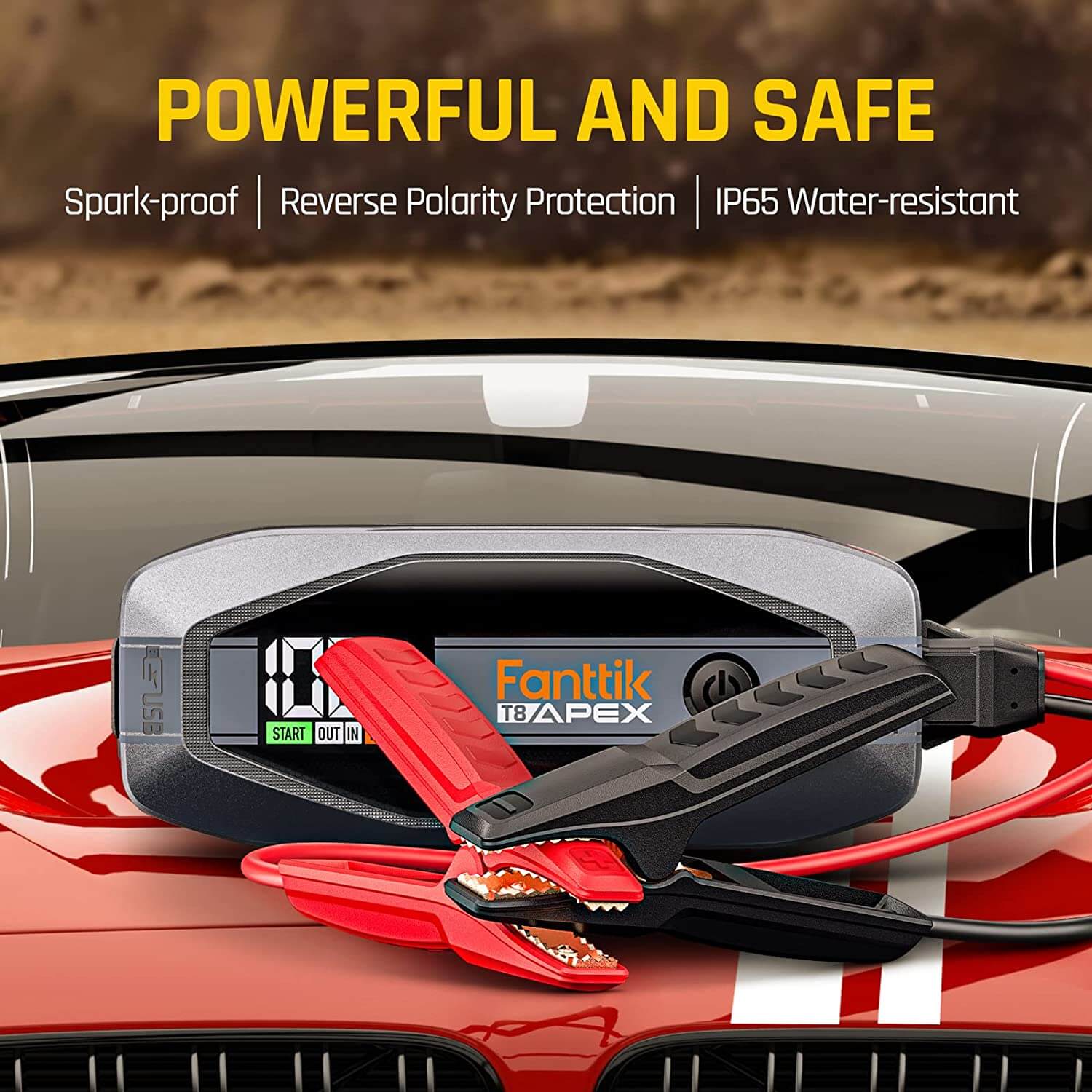 Fanttik T8 APEX 2000 Amp jump starter with spark-proof and IP65 water-resistant features on a car hood.