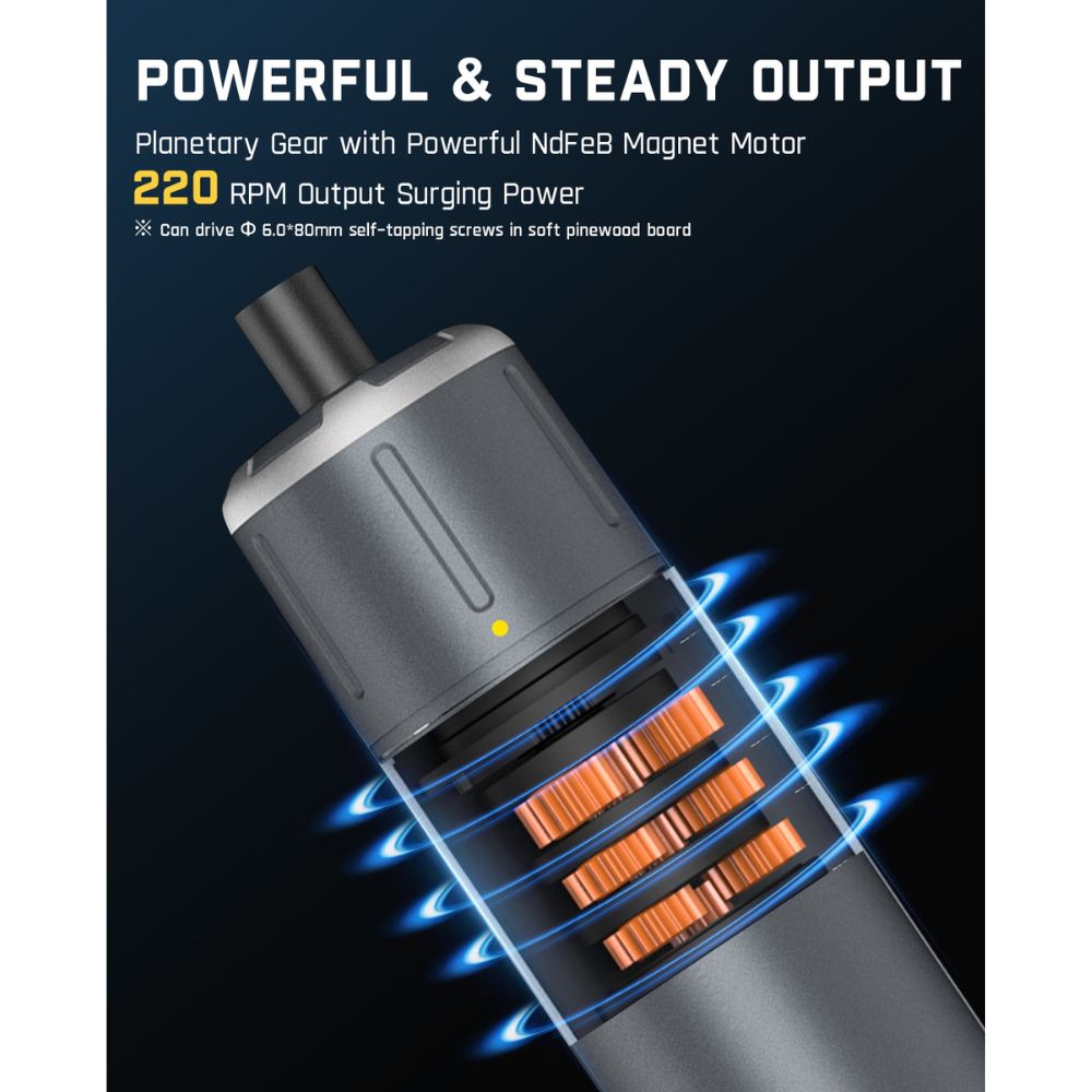 Fanttik S1 Pro electric screwdriver internal motor with 220 RPM output and planetary gear for powerful, steady screwing.