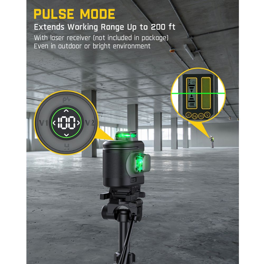 Fanttik D16 APEX laser level in pulse mode, extending working range up to 200 ft with green laser.
