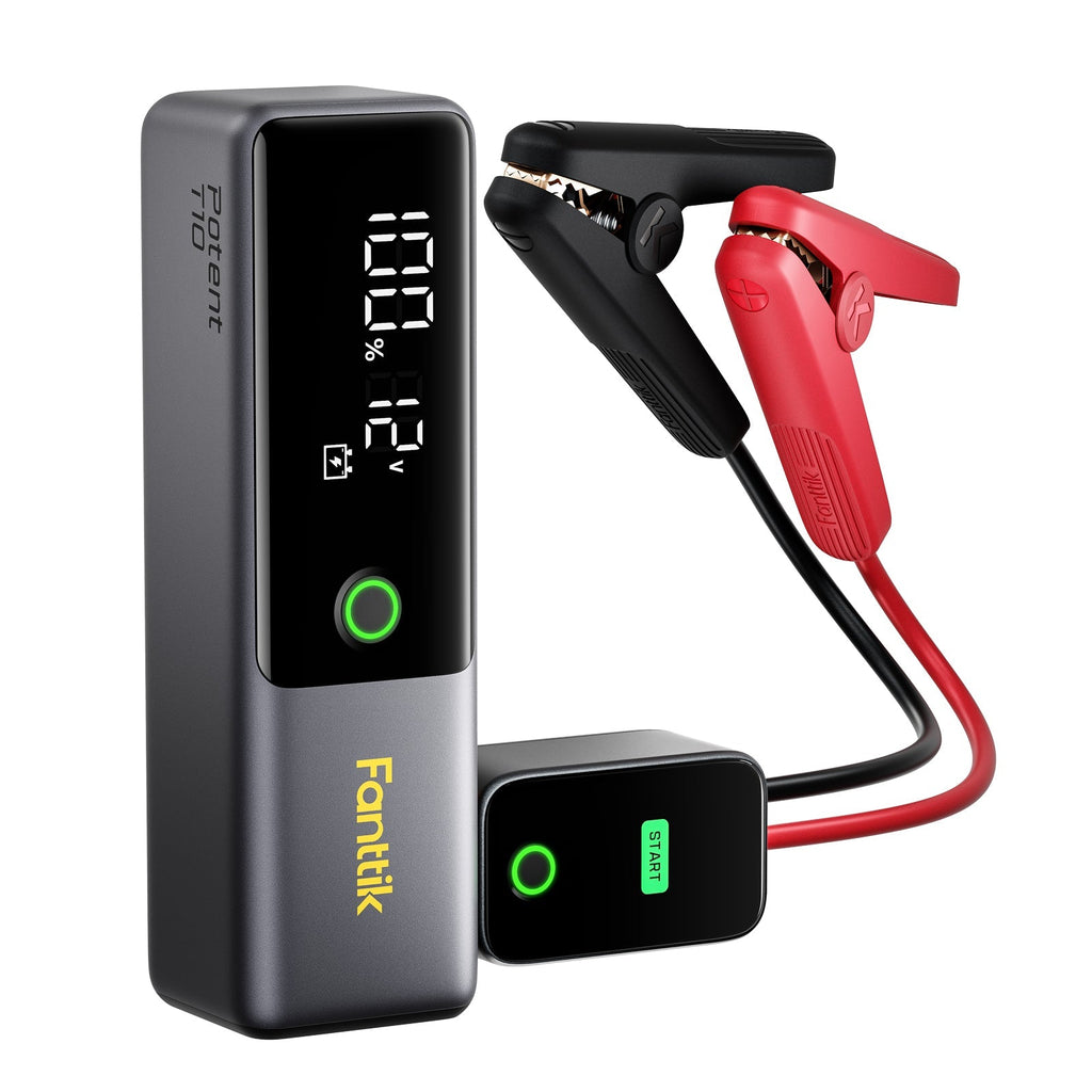 Fanttik T10 1800A jump starter with red and black battery clamps and digital display