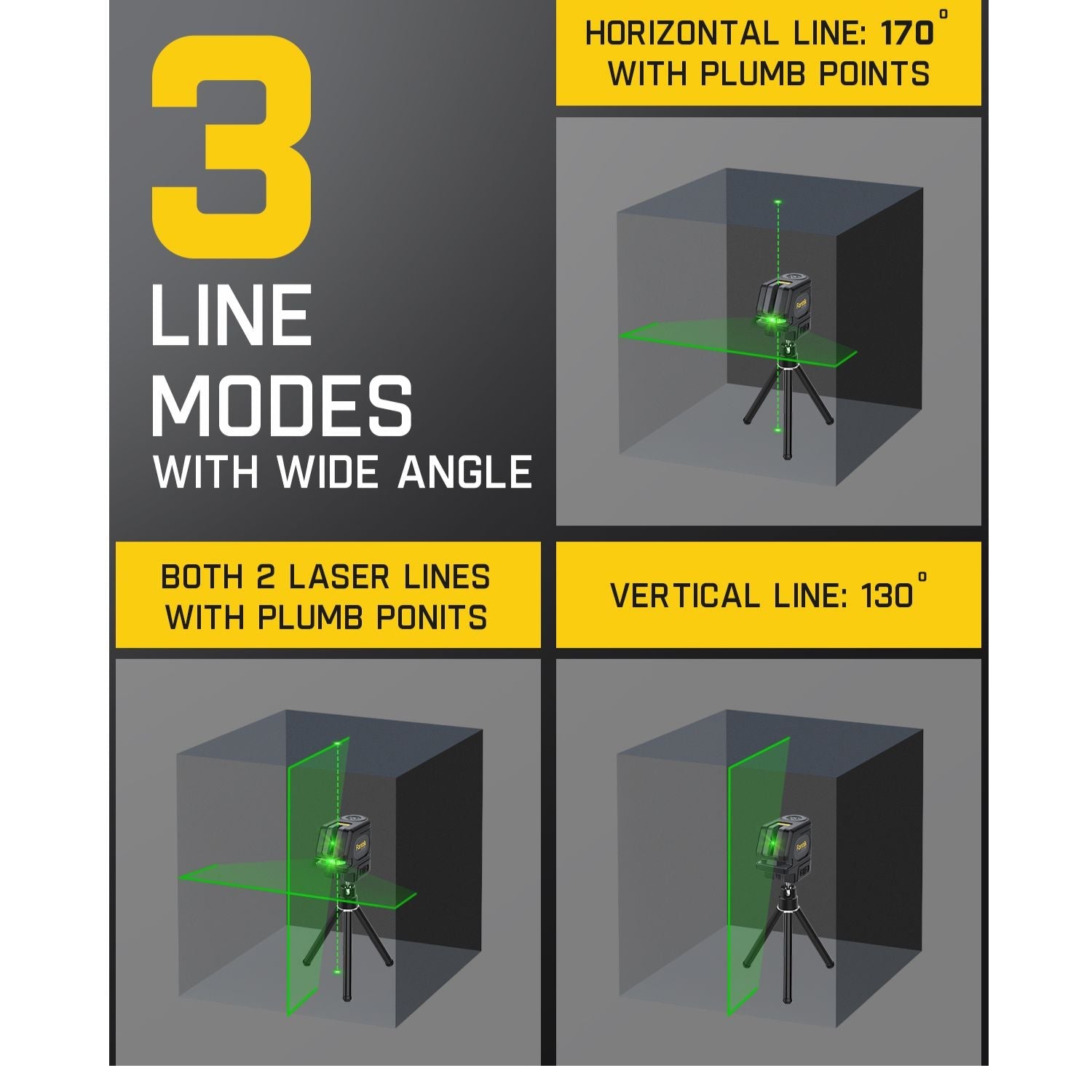 Fanttik D2 APEX Laser Level: 3 line modes, 170° horizontal, 130° vertical, with plumb points.