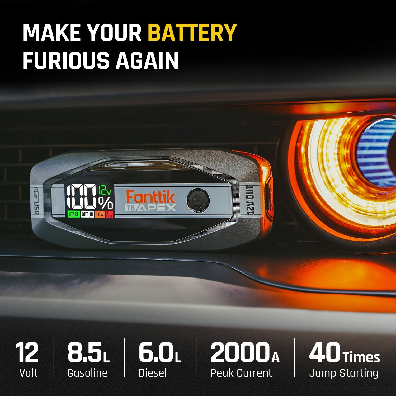 Fanttik T8 APEX 2000A jump starter on car dashboard with 12V, 8.5L gasoline, 6.0L diesel capacity.