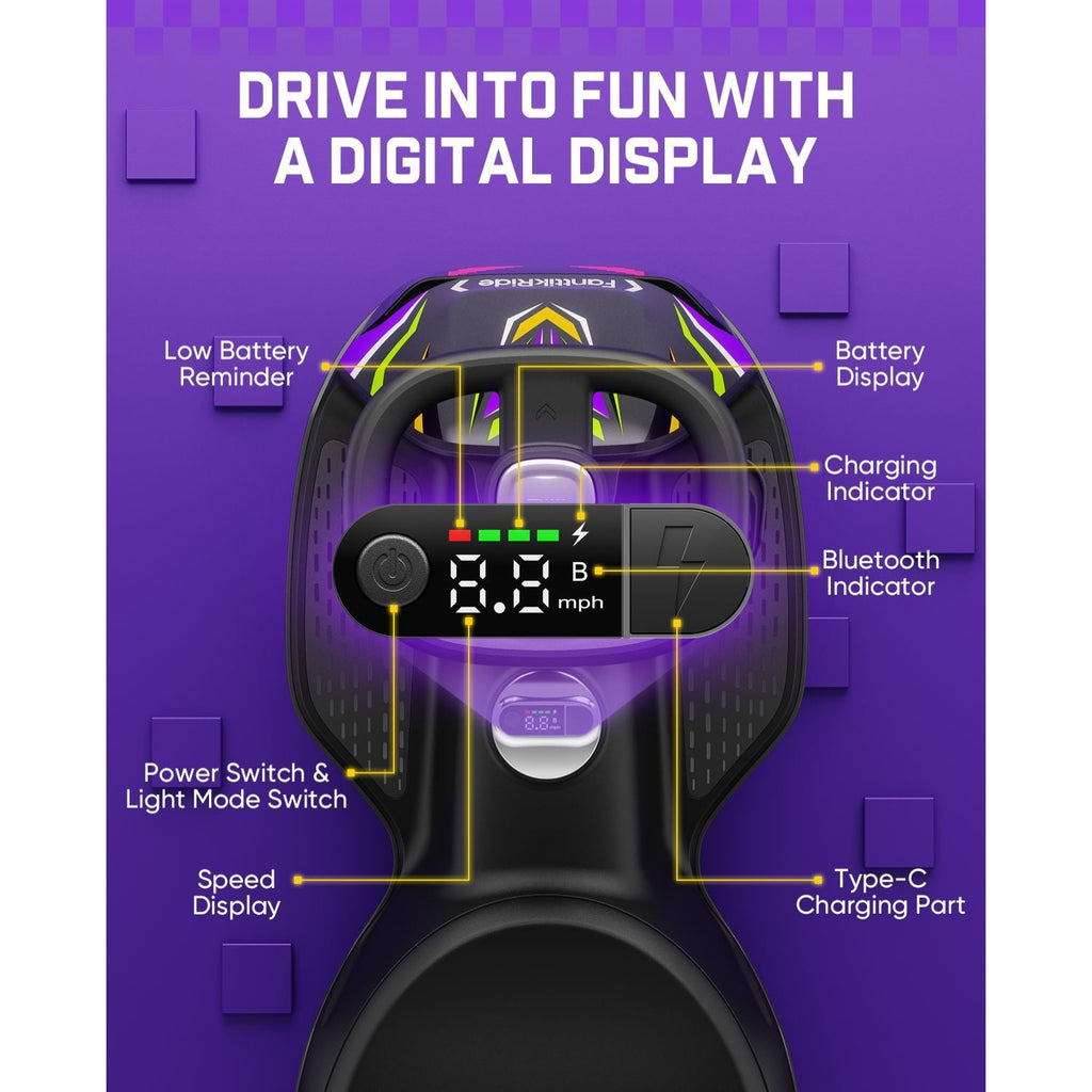 A purple promotional graphic showing a black VR headset controller with labeled callouts for features such as battery display, Bluetooth indicator, charging indicator, speed display, power switch, light mode switch, and Type-C charging part. Large text at the top reads 'DRIVE INTO FUN WITH A DIGITAL DISPLAY.