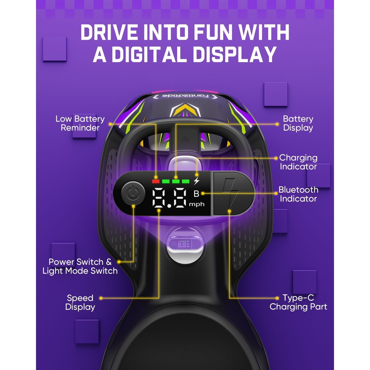 A purple promotional graphic showing a black VR headset controller with labeled callouts for features such as battery display, Bluetooth indicator, charging indicator, speed display, power switch, light mode switch, and Type-C charging part. Large text at the top reads 'DRIVE INTO FUN WITH A DIGITAL DISPLAY.