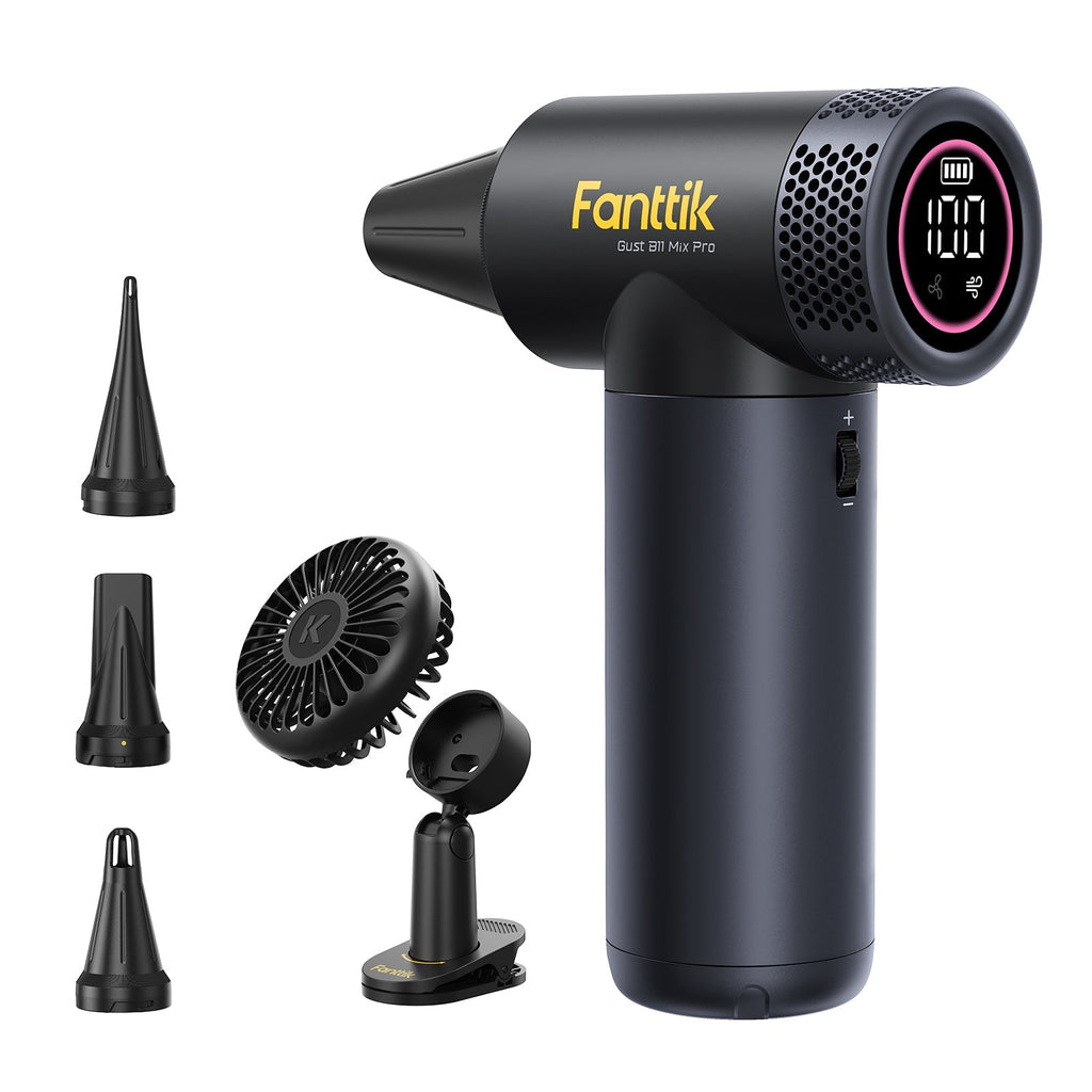 Fanttik B11 Mix Pro 2-in-1 electric air duster with fan attachment and nozzle tips