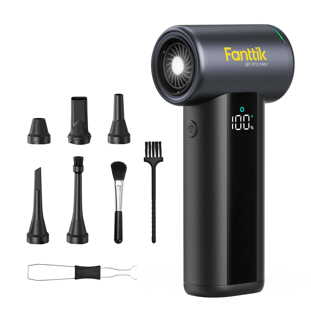 Fanttik B11 Pro Max electric air duster with LCD display and cleaning attachments