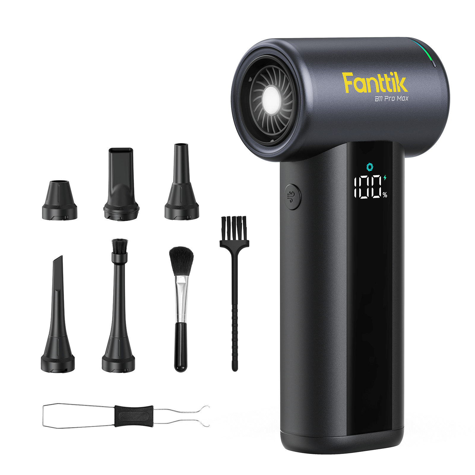 Fanttik B11 Pro Max electric air duster with LCD display and cleaning attachments