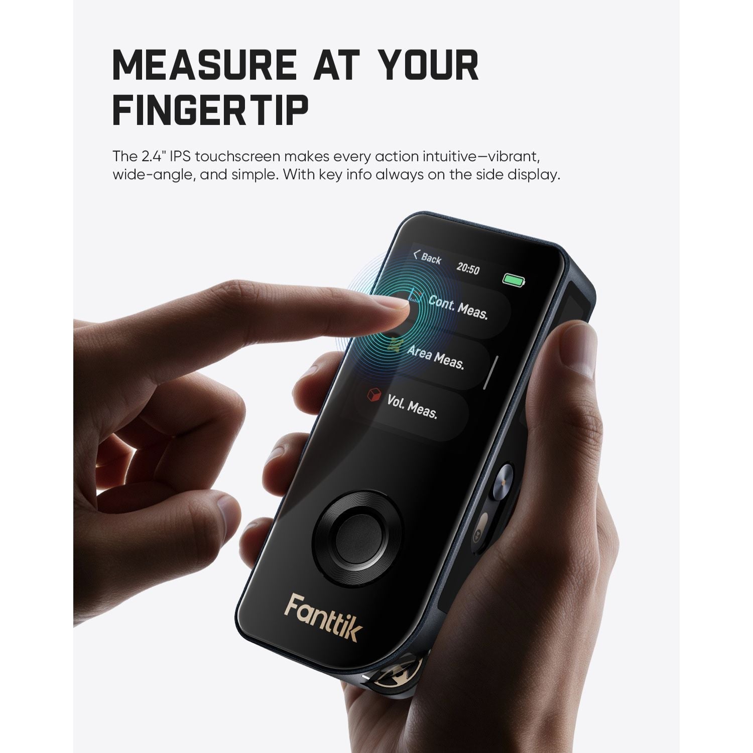Hand holding a Fanttik A11 Ultra 3-in-1 Laser Measuring Tool with a touchscreen interface, featuring the brand 'Fanttik'.