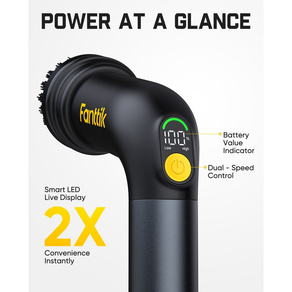 Fanttik G9 Handy electric scrubber with smart LED display showing 100% battery, dual-speed control for low and high settings.