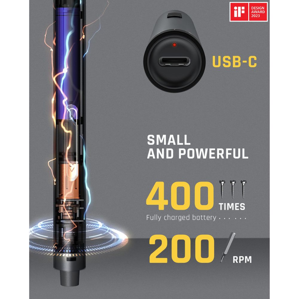 Fanttik E1 Max electric screwdriver with USB-C charging, 400 uses per charge, and 200 RPM speed.