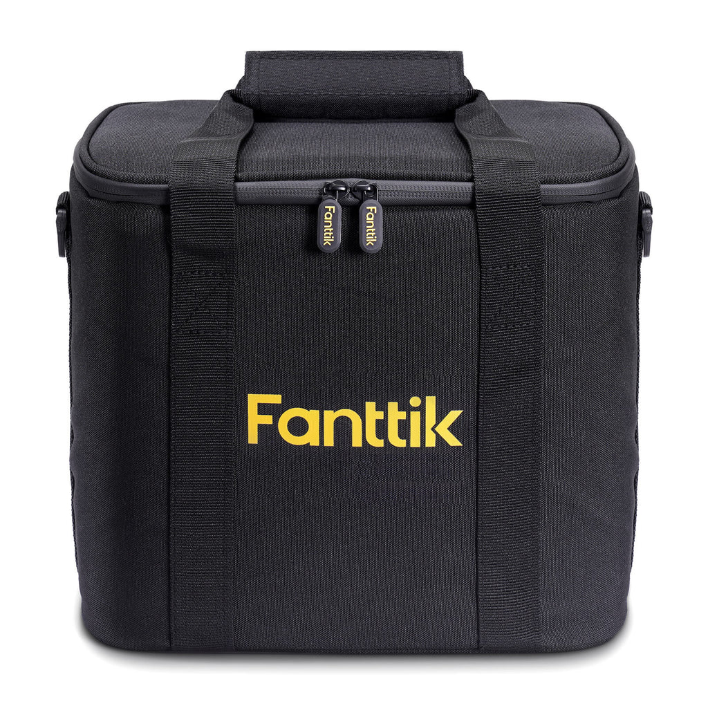 Black Fanttik carrying bag for X9 Ultra tire inflator, featuring yellow logo, dual zippers, and shoulder strap.