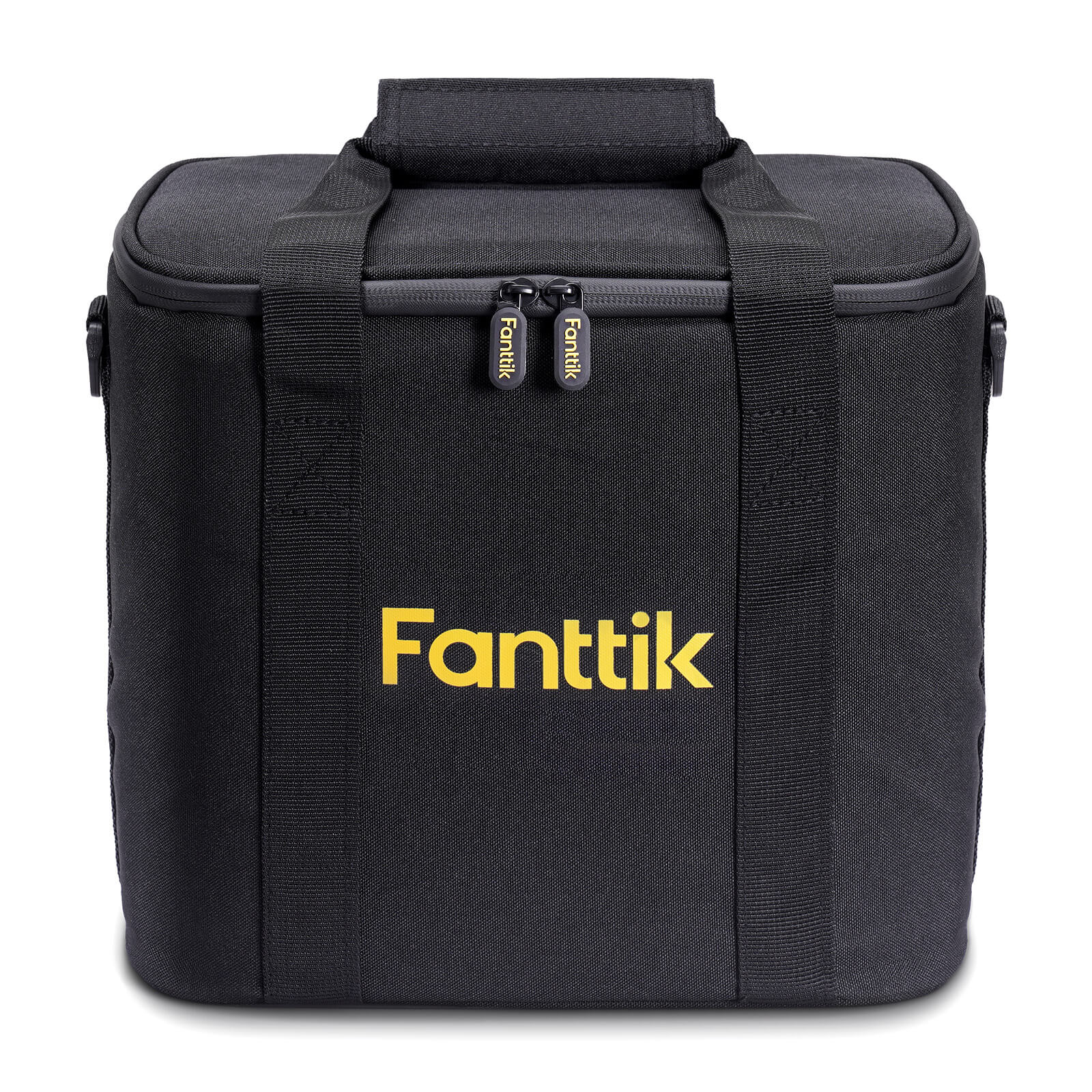 Black Fanttik carrying bag for X9 Ultra tire inflator, featuring yellow logo, dual zippers, and shoulder strap.