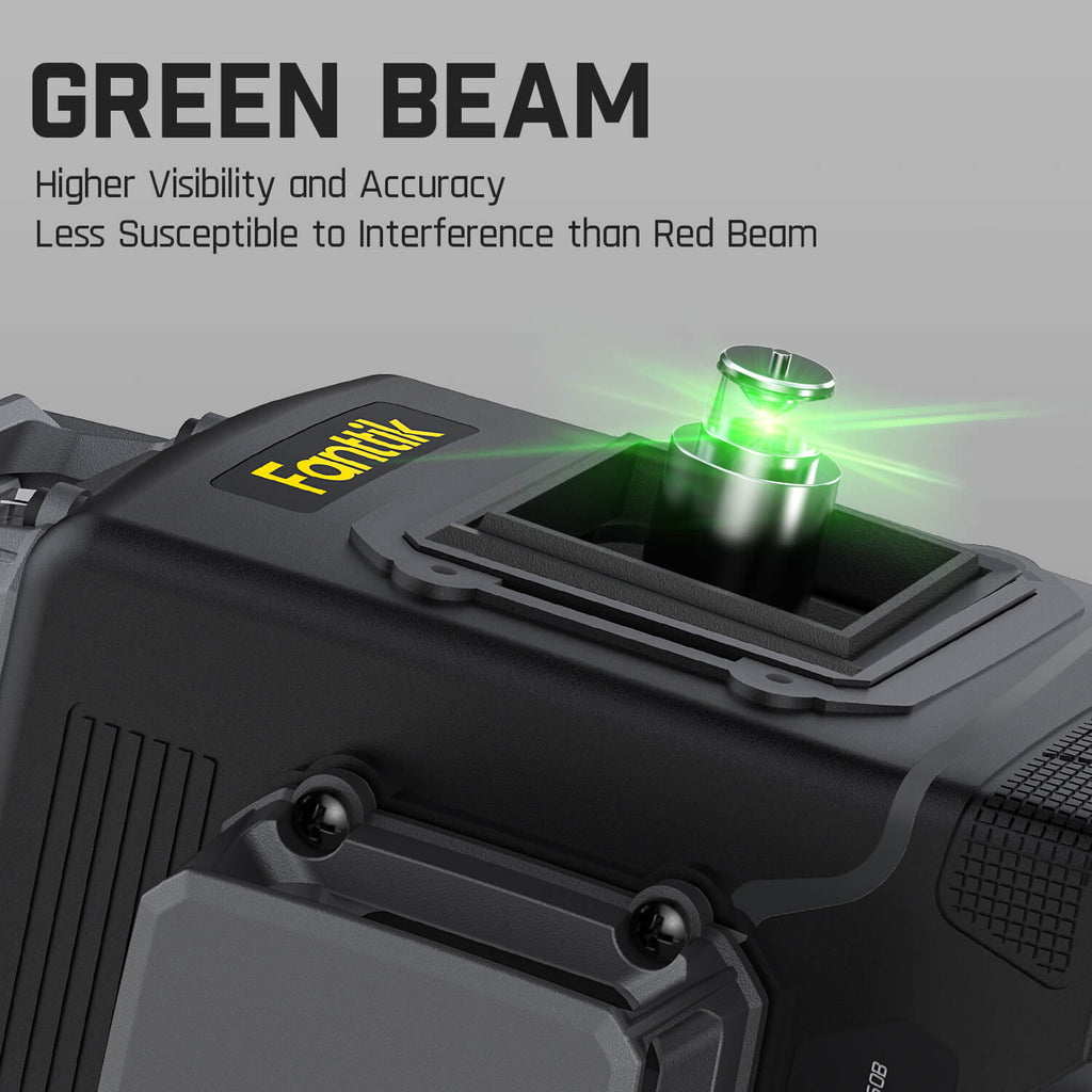 Fanttik D12 PLUS laser level with green beam, offering higher visibility and accuracy than red beams.