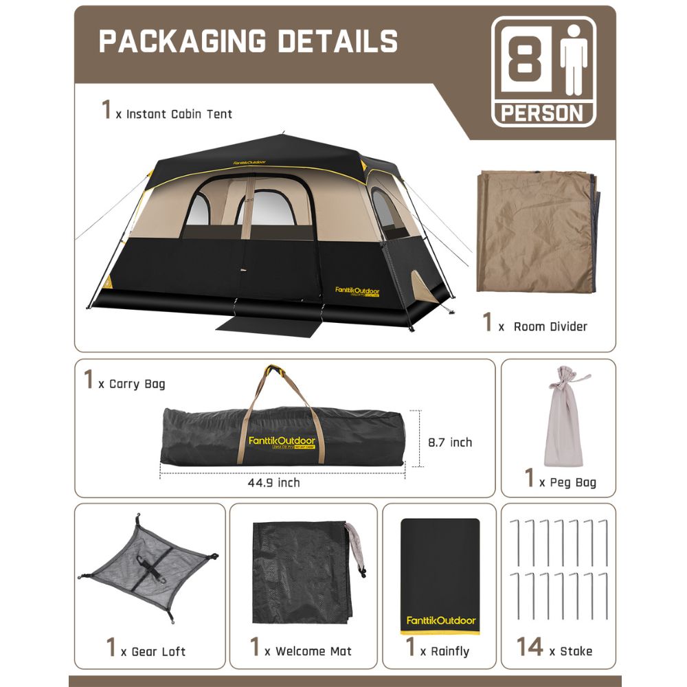 FanttikOutdoor Zeta C8 Pro tent package: instant cabin tent, room divider, carry bag, gear loft, welcome mat, rainfly, 14 stakes.