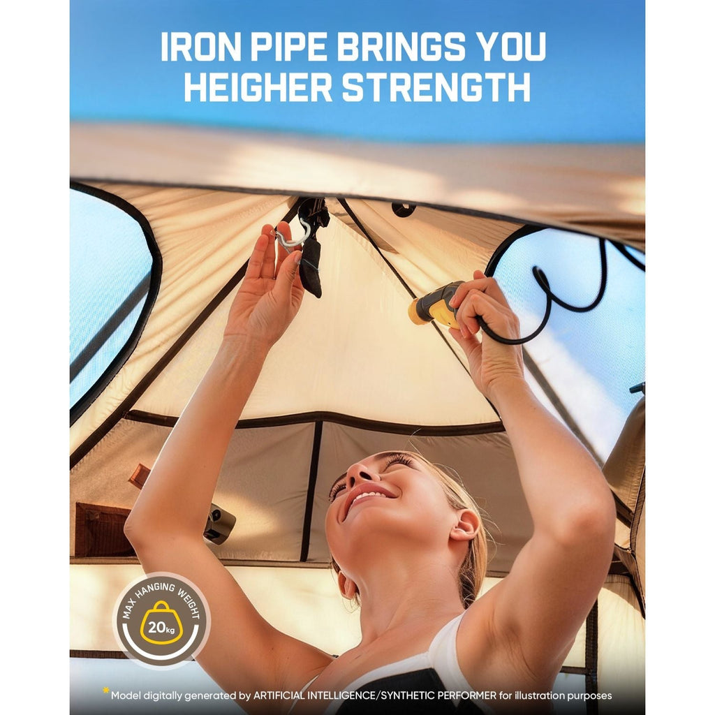 Person fixing a tent with text about iron pipe strength