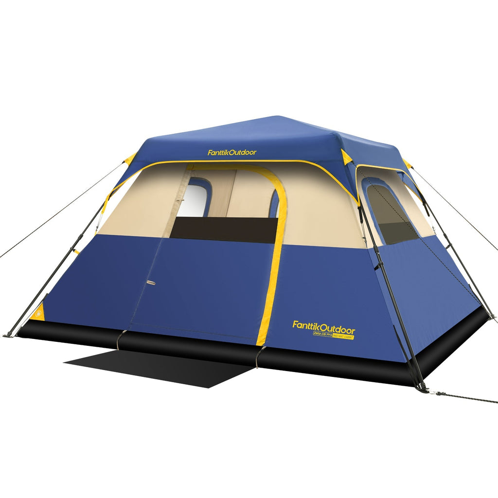 Blue & tan FanttikOutdoor Zeta C6 Pro instant cabin tent with yellow trim and mesh windows.