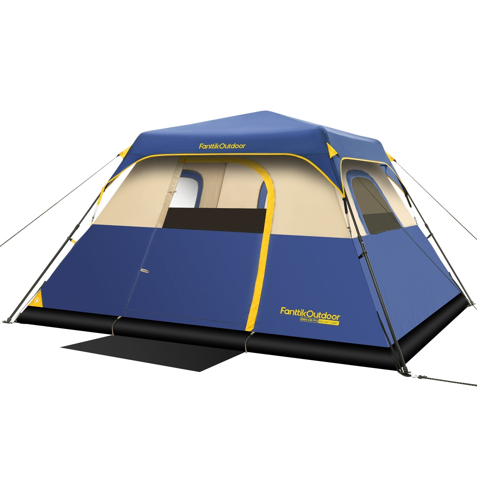Blue & tan FanttikOutdoor Zeta C6 Pro instant cabin tent with yellow trim and mesh windows.