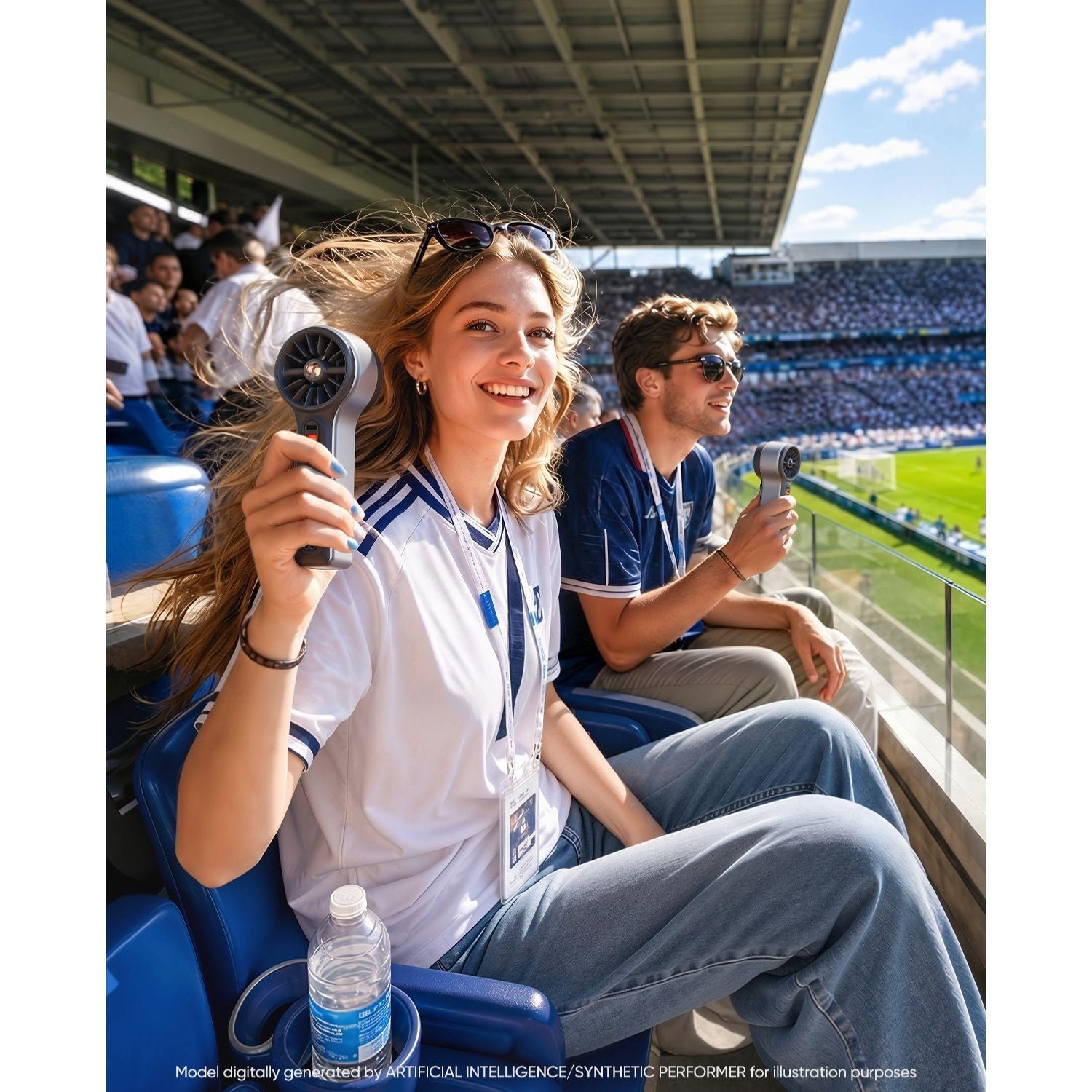 Two people sitting in a stadium, holding GoFlow 11 Apex Handheld Fan, with a sports field in the background.