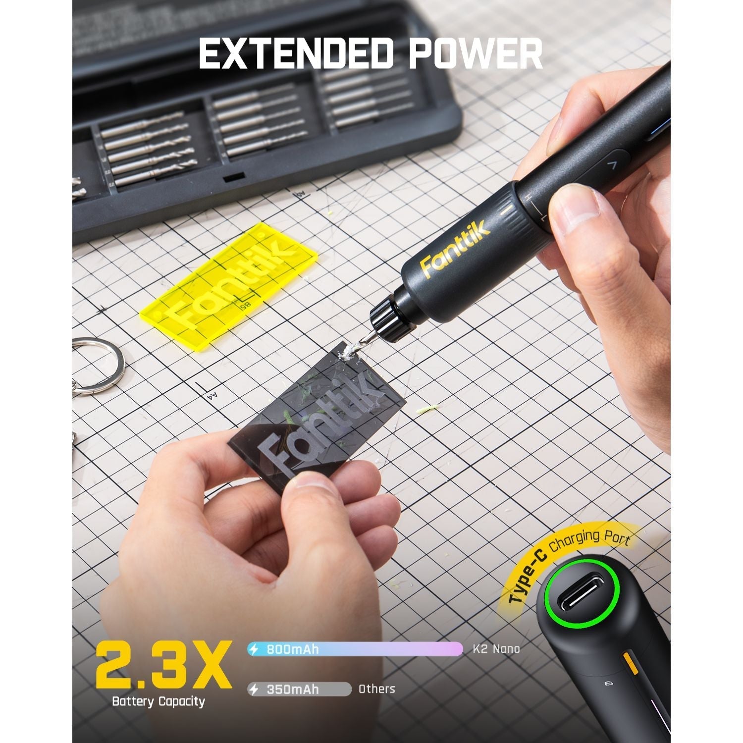 Fanttik K2 Nano drill: 800mAh battery, Type-C port. Holding dark material with 'Fanttik' logo.
