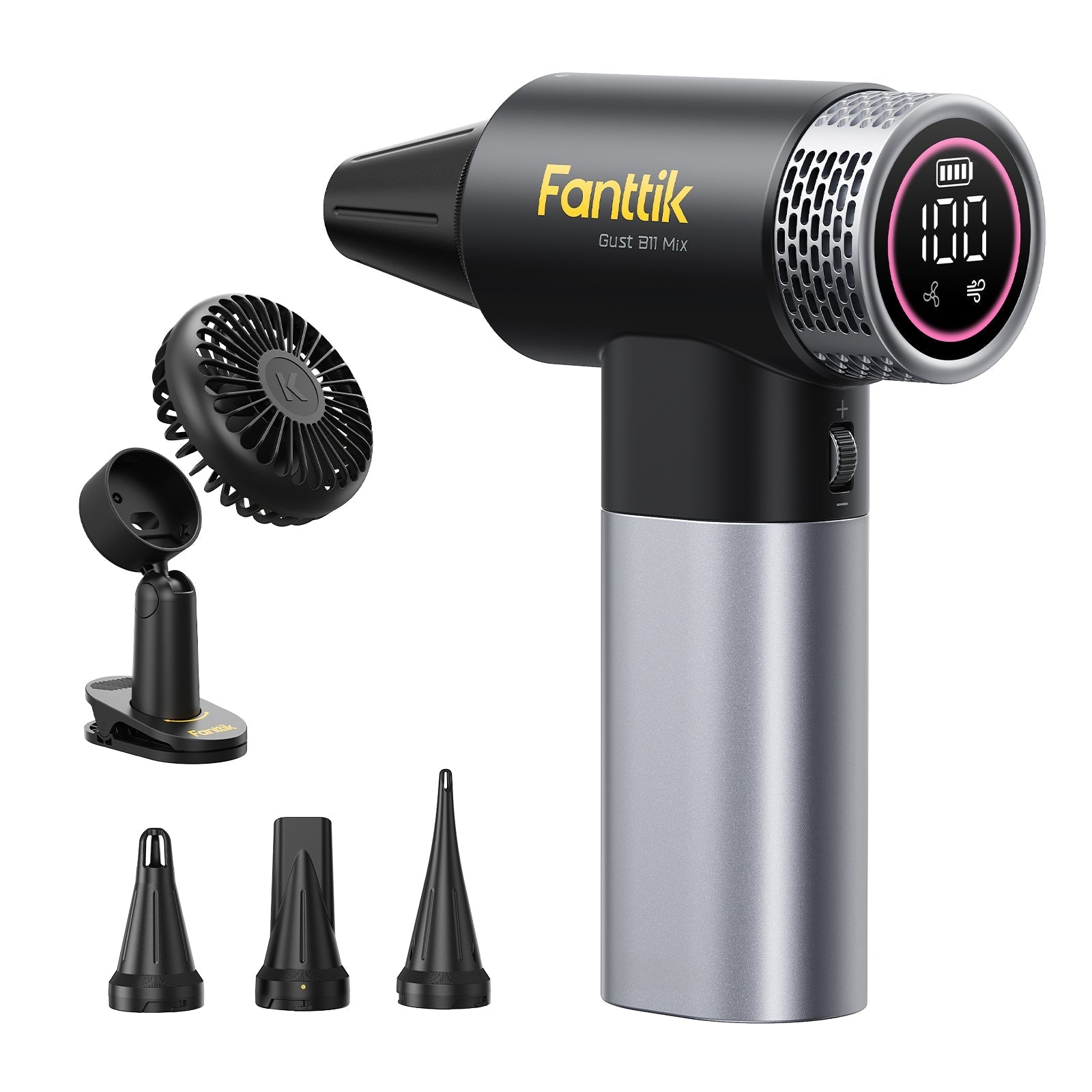 Fanttik B11 Mix 2-in-1 electric air duster and fan with nozzles, black and silver