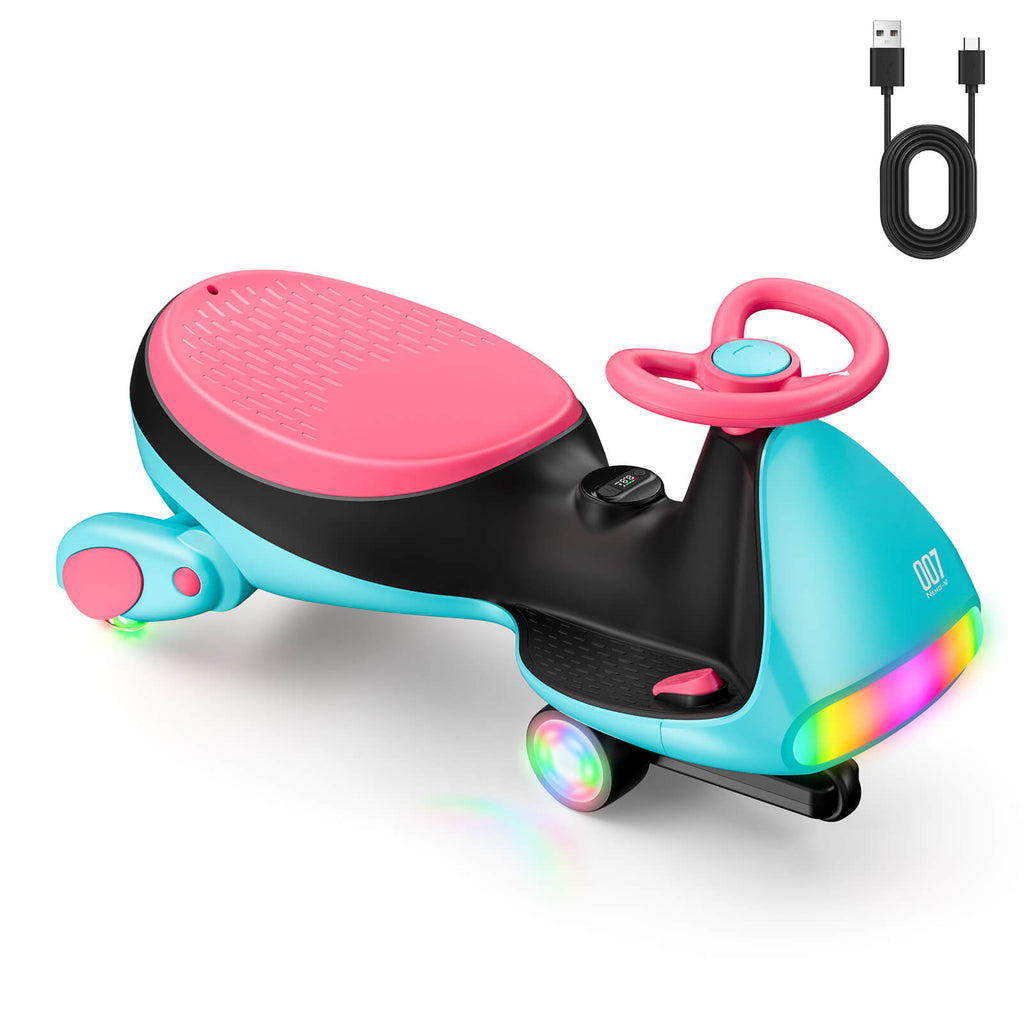 FanttikRide N7 Ultra electric wiggle car, Morandi Green with pink seat, LED lights, and Type-C charging.