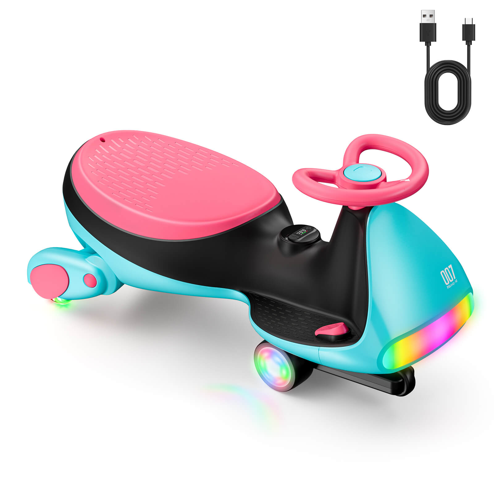 FanttikRide N7 Ultra electric wiggle car, Morandi Green with pink seat, LED lights, and Type-C charging.