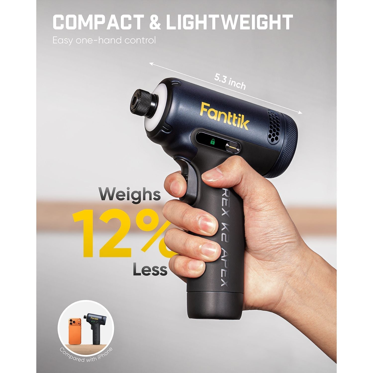 Compact Fanttik REX K2 APEX impact driver in hand, 5.3-inch lightweight design