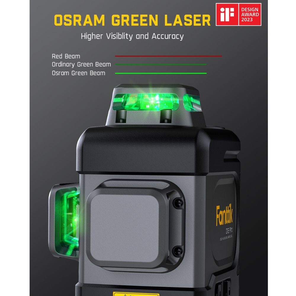 Fanttik D12 PRO laser level with Osram green laser technology for higher visibility and accuracy.