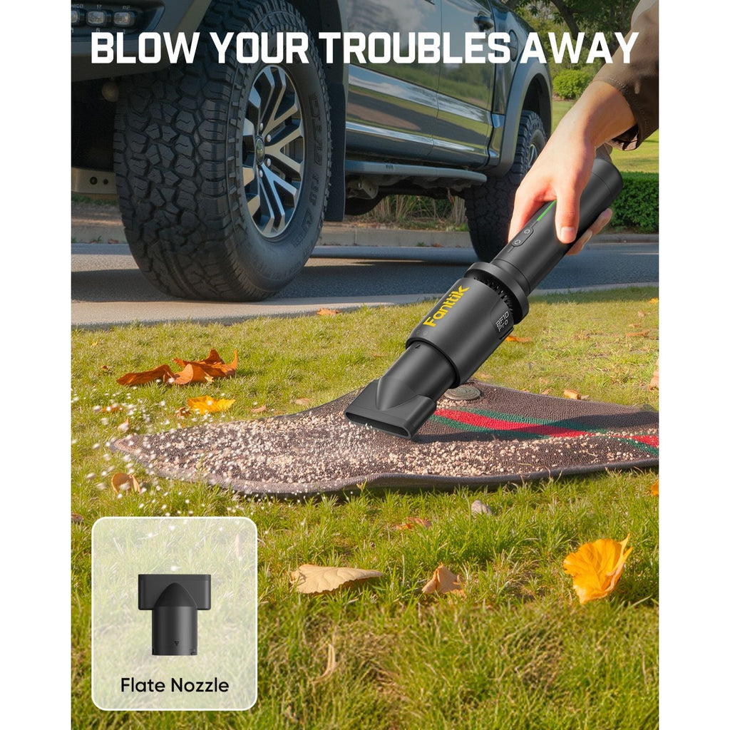 Fanttik BF10 Pro cordless leaf blower cleaning a doormat with flat nozzle attachment.
