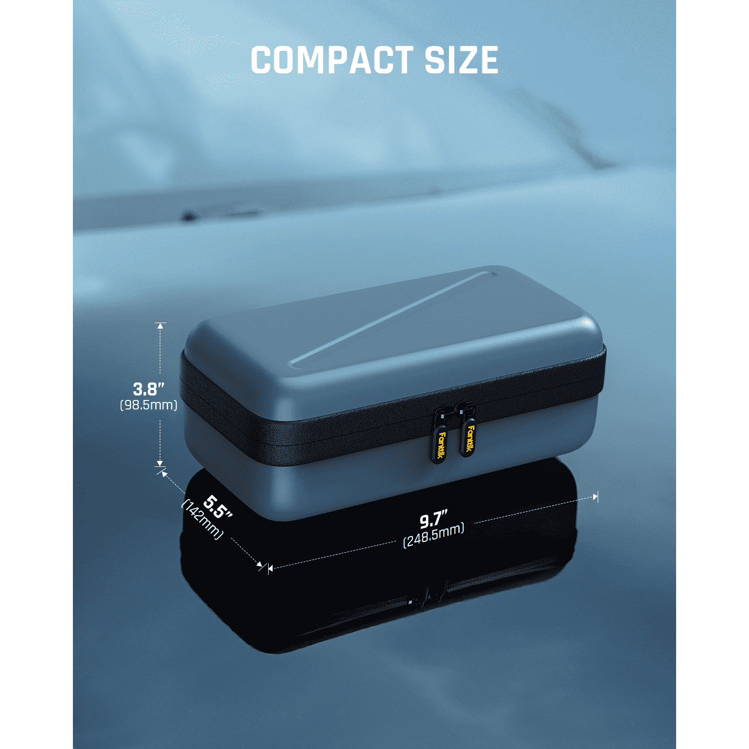Fanttik X8 APEX tire inflator case: compact EVA design, 9.7" L x 5.5" W x 3.8" H. Water-resistant.