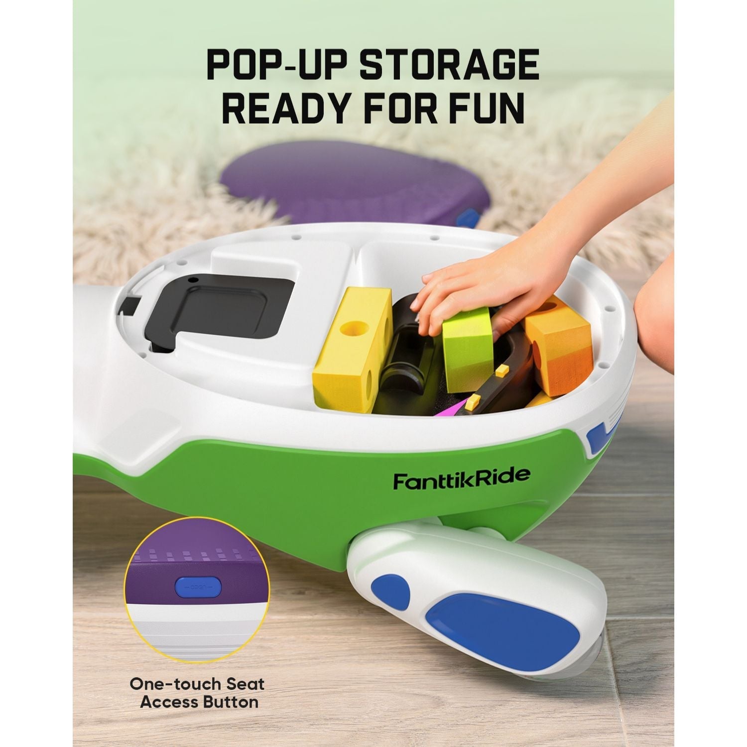 FanttikRide wiggle car pop-up storage seat with one-touch access button