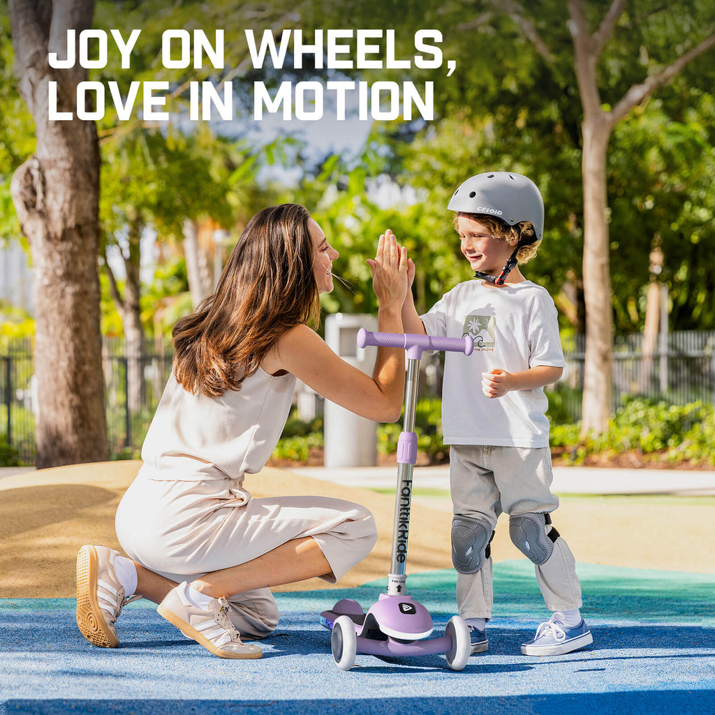 Mother and child high-fiving by a purple FanttikRide K9 Pro electric scooter for kids.