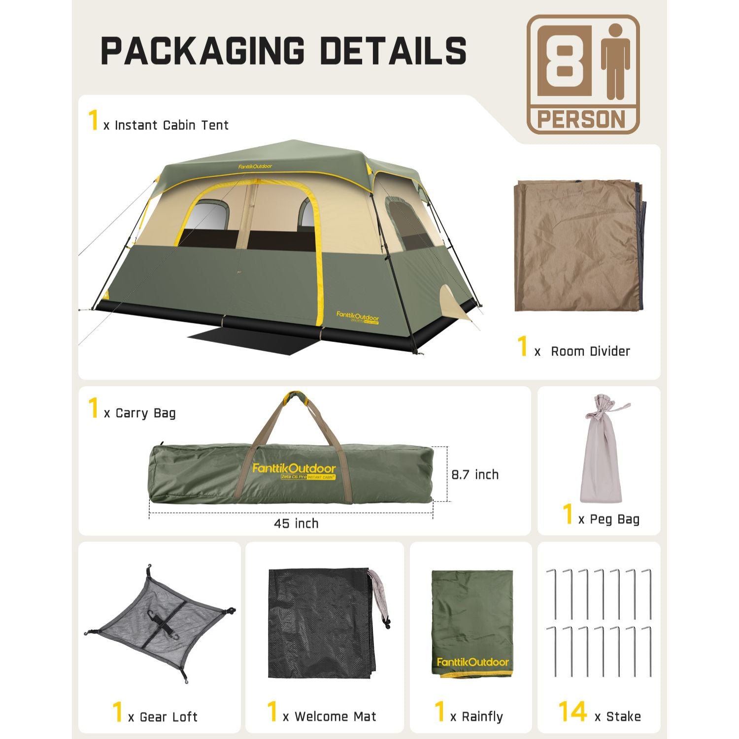 FanttikOutdoor Zeta C8 Pro 8-person tent packaging: includes tent, room divider, carry bag, pegs, gear loft, mat, rainfly.